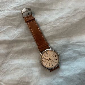 Timex watch, brown leather band, glow in the dark function